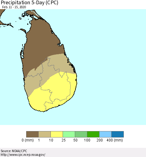Sri Lanka Precipitation 5-Day (CPC) Thematic Map For 2/11/2020 - 2/15/2020