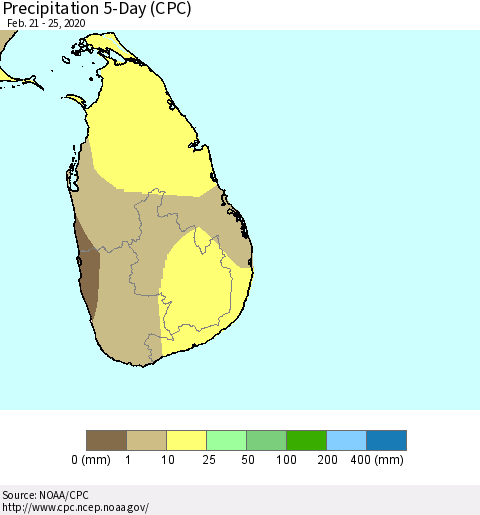 Sri Lanka Precipitation 5-Day (CPC) Thematic Map For 2/21/2020 - 2/25/2020