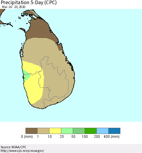 Sri Lanka Precipitation 5-Day (CPC) Thematic Map For 3/16/2020 - 3/20/2020