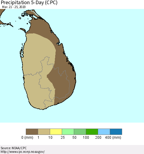 Sri Lanka Precipitation 5-Day (CPC) Thematic Map For 3/21/2020 - 3/25/2020