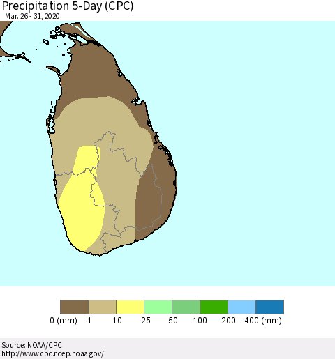 Sri Lanka Precipitation 5-Day (CPC) Thematic Map For 3/26/2020 - 3/31/2020