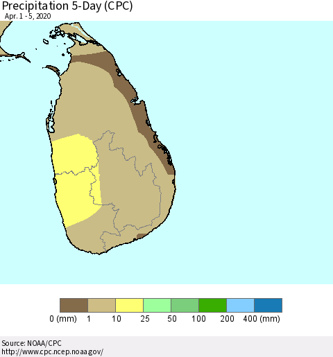 Sri Lanka Precipitation 5-Day (CPC) Thematic Map For 4/1/2020 - 4/5/2020