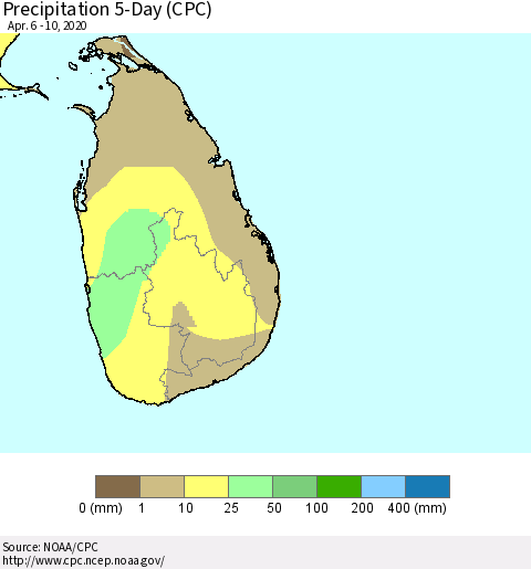 Sri Lanka Precipitation 5-Day (CPC) Thematic Map For 4/6/2020 - 4/10/2020