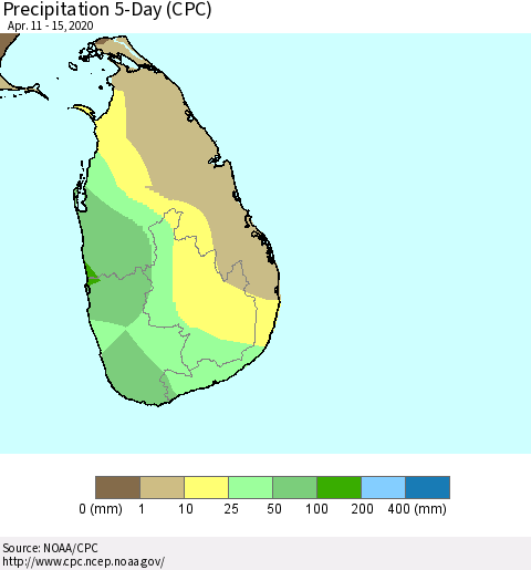 Sri Lanka Precipitation 5-Day (CPC) Thematic Map For 4/11/2020 - 4/15/2020