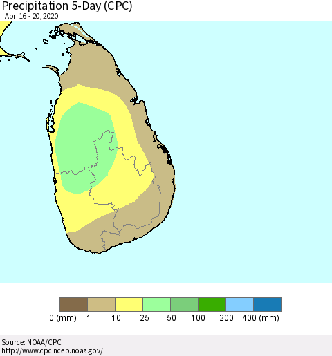 Sri Lanka Precipitation 5-Day (CPC) Thematic Map For 4/16/2020 - 4/20/2020