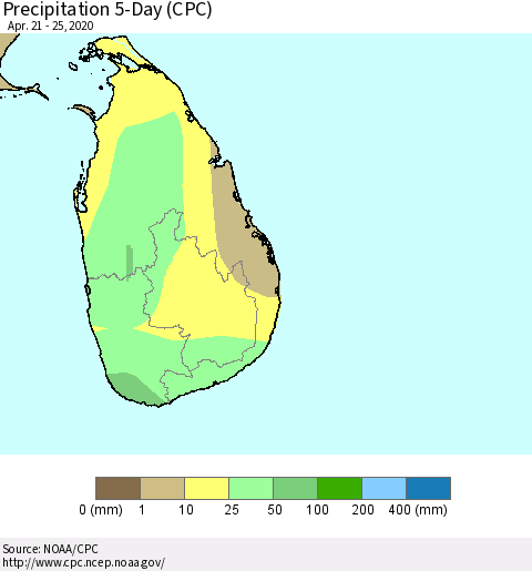 Sri Lanka Precipitation 5-Day (CPC) Thematic Map For 4/21/2020 - 4/25/2020