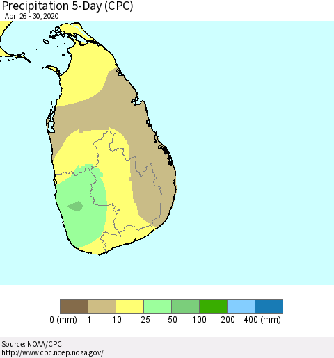 Sri Lanka Precipitation 5-Day (CPC) Thematic Map For 4/26/2020 - 4/30/2020