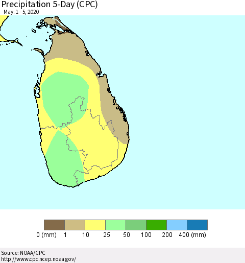 Sri Lanka Precipitation 5-Day (CPC) Thematic Map For 5/1/2020 - 5/5/2020