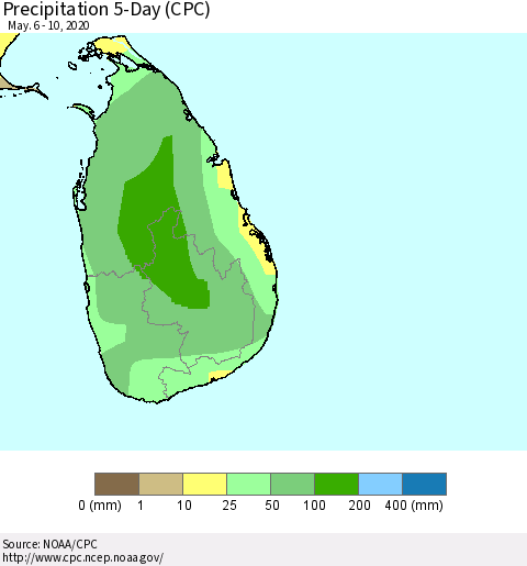Sri Lanka Precipitation 5-Day (CPC) Thematic Map For 5/6/2020 - 5/10/2020