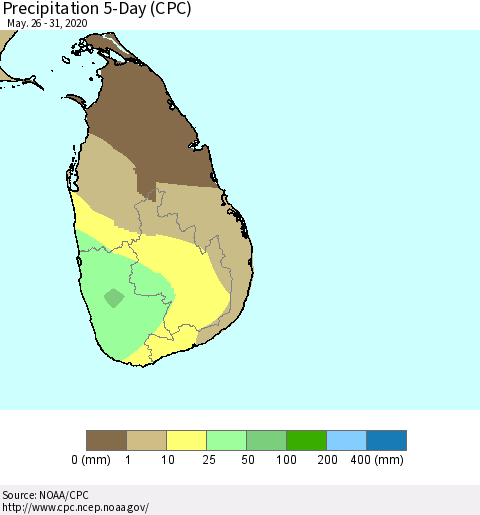 Sri Lanka Precipitation 5-Day (CPC) Thematic Map For 5/26/2020 - 5/31/2020