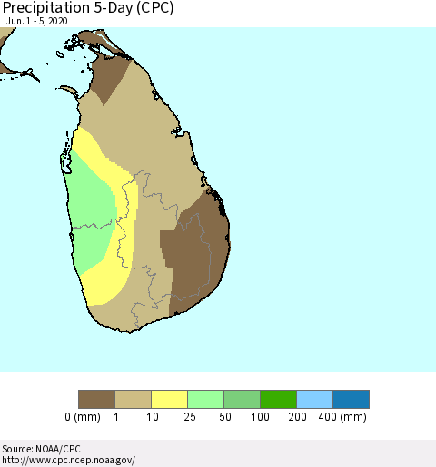 Sri Lanka Precipitation 5-Day (CPC) Thematic Map For 6/1/2020 - 6/5/2020