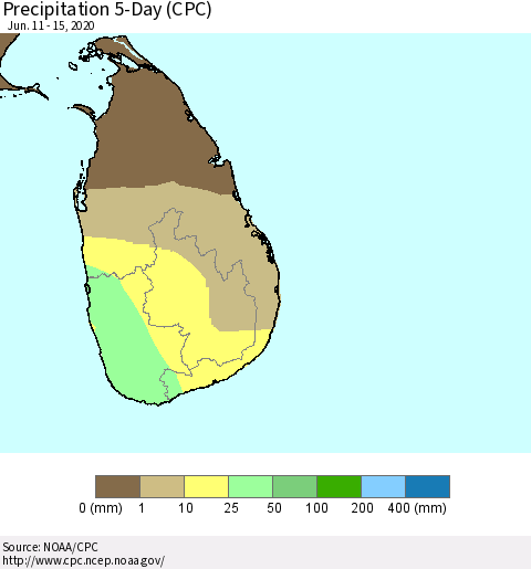 Sri Lanka Precipitation 5-Day (CPC) Thematic Map For 6/11/2020 - 6/15/2020