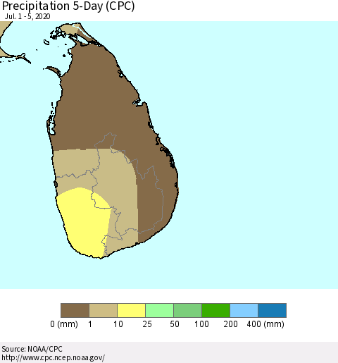 Sri Lanka Precipitation 5-Day (CPC) Thematic Map For 7/1/2020 - 7/5/2020