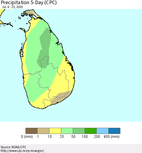 Sri Lanka Precipitation 5-Day (CPC) Thematic Map For 7/6/2020 - 7/10/2020