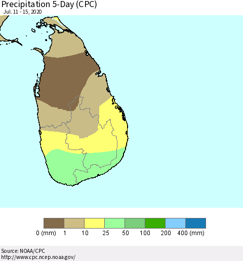 Sri Lanka Precipitation 5-Day (CPC) Thematic Map For 7/11/2020 - 7/15/2020