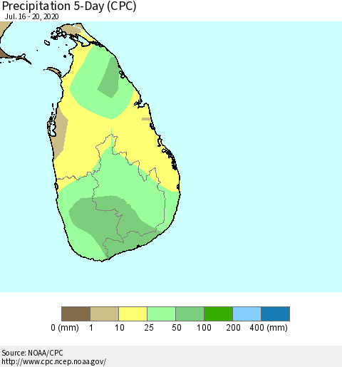 Sri Lanka Precipitation 5-Day (CPC) Thematic Map For 7/16/2020 - 7/20/2020