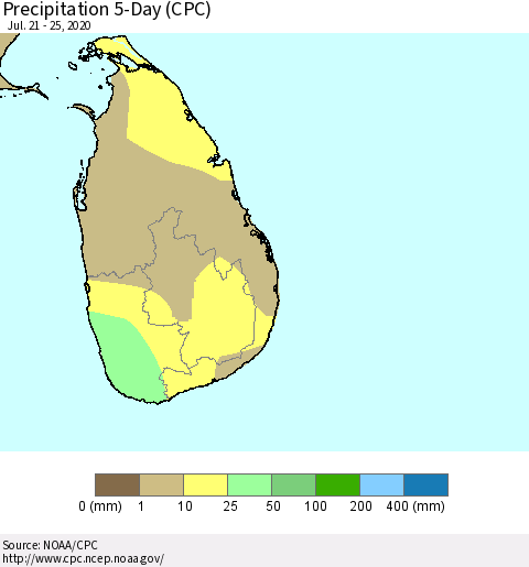 Sri Lanka Precipitation 5-Day (CPC) Thematic Map For 7/21/2020 - 7/25/2020