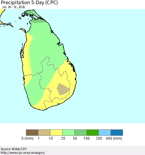 Sri Lanka Precipitation 5-Day (CPC) Thematic Map For 7/26/2020 - 7/31/2020