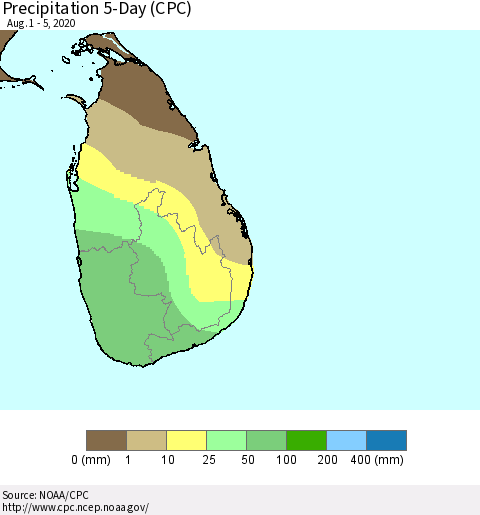 Sri Lanka Precipitation 5-Day (CPC) Thematic Map For 8/1/2020 - 8/5/2020