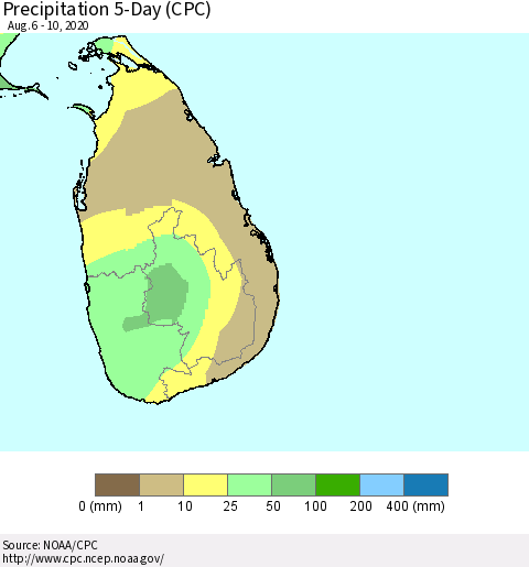 Sri Lanka Precipitation 5-Day (CPC) Thematic Map For 8/6/2020 - 8/10/2020