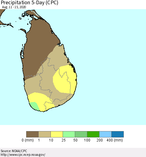 Sri Lanka Precipitation 5-Day (CPC) Thematic Map For 8/11/2020 - 8/15/2020