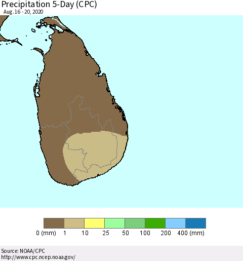 Sri Lanka Precipitation 5-Day (CPC) Thematic Map For 8/16/2020 - 8/20/2020