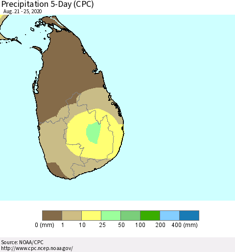 Sri Lanka Precipitation 5-Day (CPC) Thematic Map For 8/21/2020 - 8/25/2020