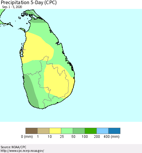 Sri Lanka Precipitation 5-Day (CPC) Thematic Map For 9/1/2020 - 9/5/2020