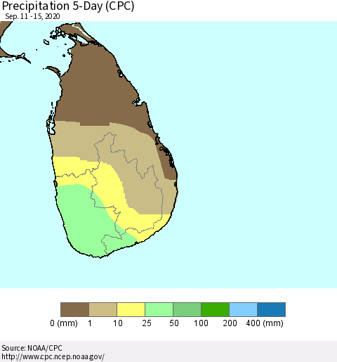 Sri Lanka Precipitation 5-Day (CPC) Thematic Map For 9/11/2020 - 9/15/2020