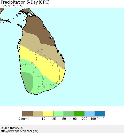 Sri Lanka Precipitation 5-Day (CPC) Thematic Map For 9/21/2020 - 9/25/2020