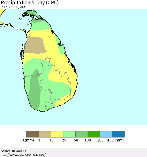 Sri Lanka Precipitation 5-Day (CPC) Thematic Map For 9/26/2020 - 9/30/2020