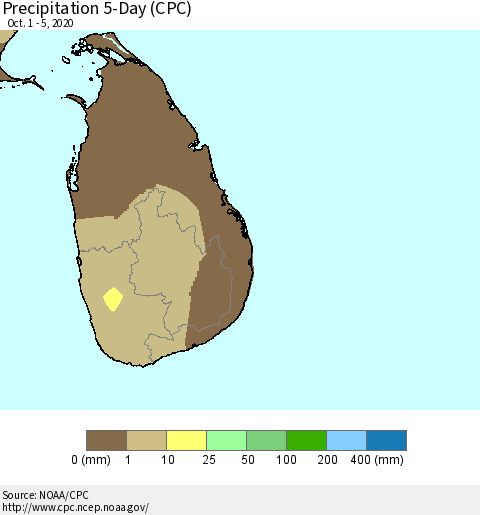 Sri Lanka Precipitation 5-Day (CPC) Thematic Map For 10/1/2020 - 10/5/2020