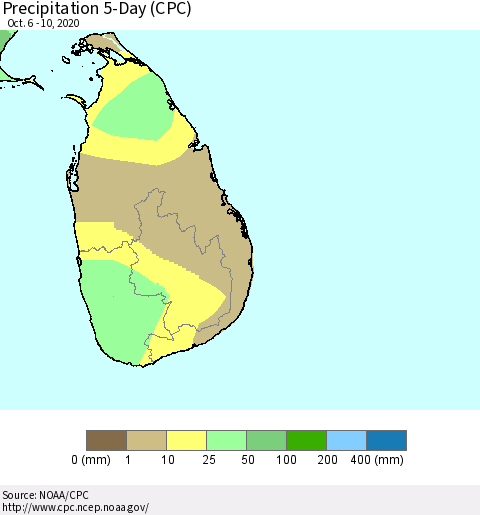 Sri Lanka Precipitation 5-Day (CPC) Thematic Map For 10/6/2020 - 10/10/2020