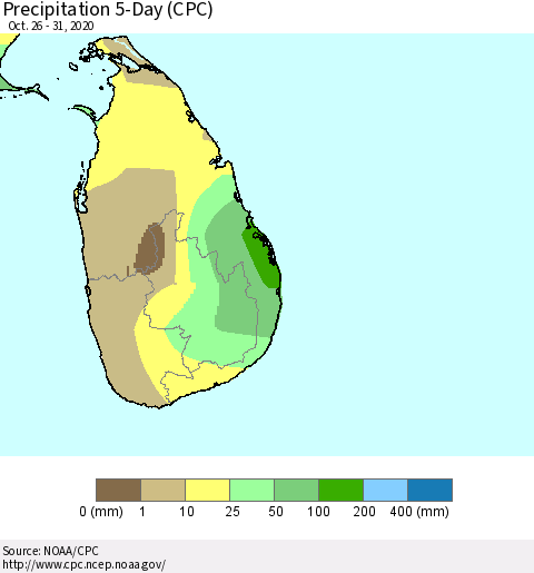 Sri Lanka Precipitation 5-Day (CPC) Thematic Map For 10/26/2020 - 10/31/2020