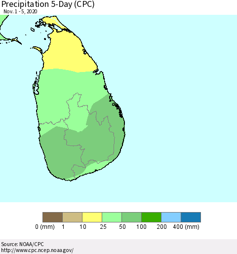 Sri Lanka Precipitation 5-Day (CPC) Thematic Map For 11/1/2020 - 11/5/2020