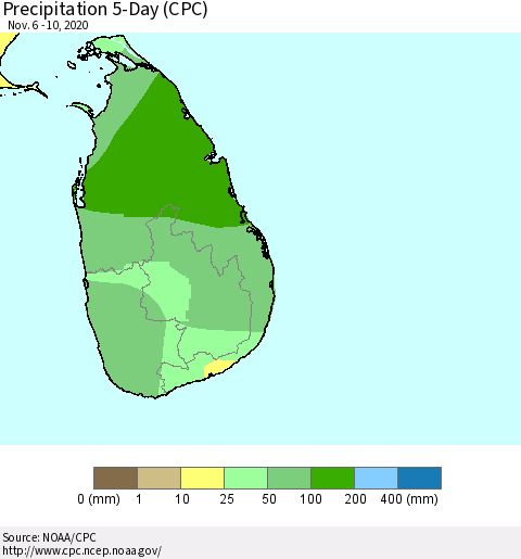 Sri Lanka Precipitation 5-Day (CPC) Thematic Map For 11/6/2020 - 11/10/2020