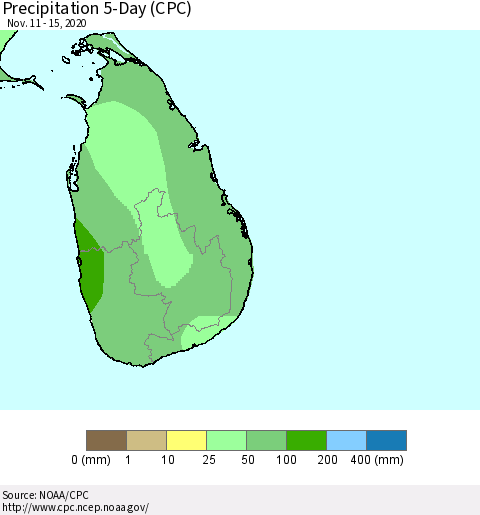 Sri Lanka Precipitation 5-Day (CPC) Thematic Map For 11/11/2020 - 11/15/2020