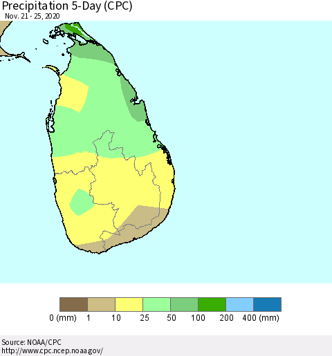Sri Lanka Precipitation 5-Day (CPC) Thematic Map For 11/21/2020 - 11/25/2020