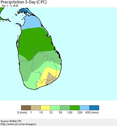 Sri Lanka Precipitation 5-Day (CPC) Thematic Map For 12/1/2020 - 12/5/2020