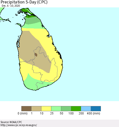 Sri Lanka Precipitation 5-Day (CPC) Thematic Map For 12/6/2020 - 12/10/2020