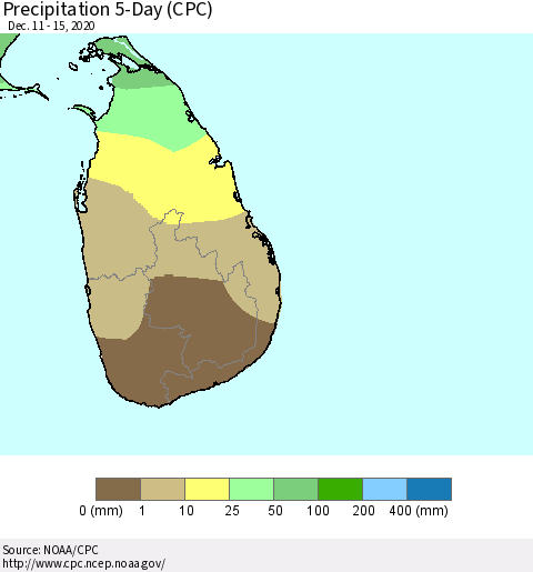 Sri Lanka Precipitation 5-Day (CPC) Thematic Map For 12/11/2020 - 12/15/2020