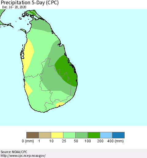 Sri Lanka Precipitation 5-Day (CPC) Thematic Map For 12/16/2020 - 12/20/2020