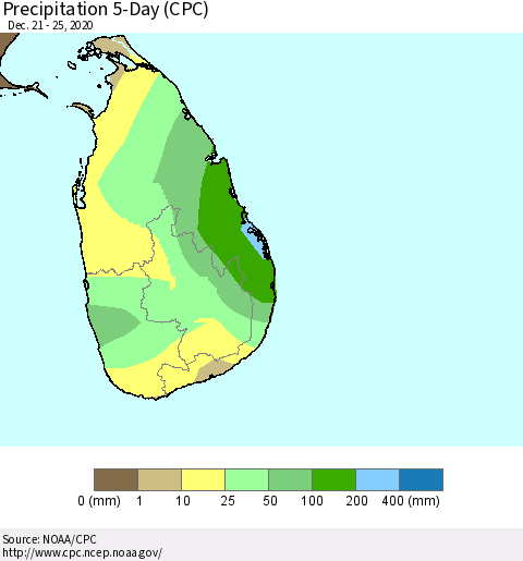 Sri Lanka Precipitation 5-Day (CPC) Thematic Map For 12/21/2020 - 12/25/2020