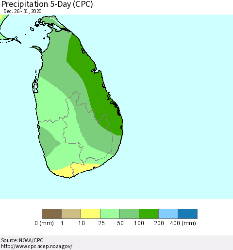 Sri Lanka Precipitation 5-Day (CPC) Thematic Map For 12/26/2020 - 12/31/2020
