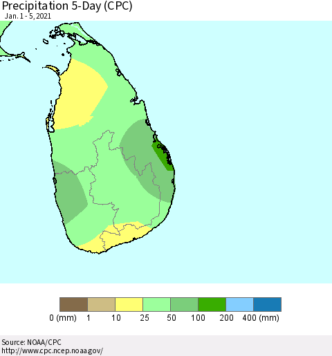 Sri Lanka Precipitation 5-Day (CPC) Thematic Map For 1/1/2021 - 1/5/2021