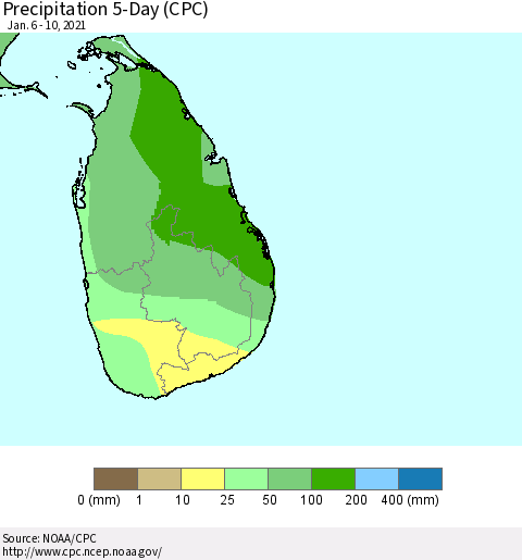 Sri Lanka Precipitation 5-Day (CPC) Thematic Map For 1/6/2021 - 1/10/2021
