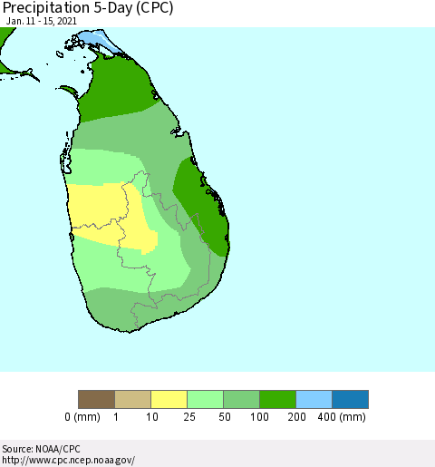 Sri Lanka Precipitation 5-Day (CPC) Thematic Map For 1/11/2021 - 1/15/2021
