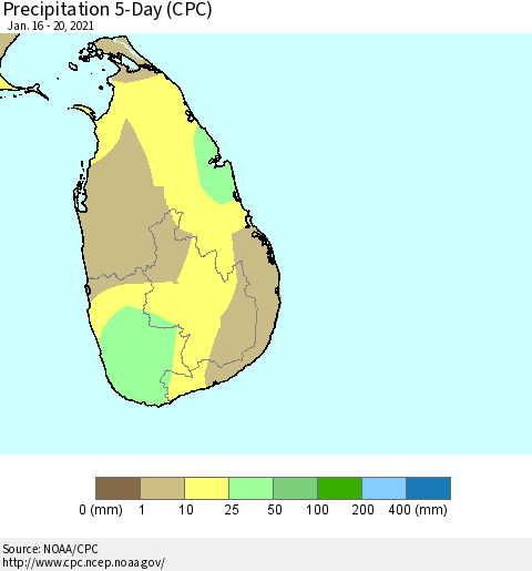 Sri Lanka Precipitation 5-Day (CPC) Thematic Map For 1/16/2021 - 1/20/2021