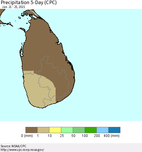Sri Lanka Precipitation 5-Day (CPC) Thematic Map For 1/21/2021 - 1/25/2021