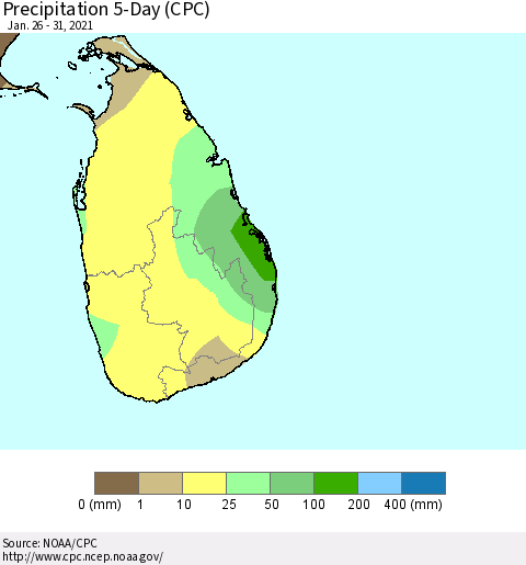 Sri Lanka Precipitation 5-Day (CPC) Thematic Map For 1/26/2021 - 1/31/2021